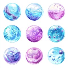 Nine iridescent orbs, liquid textures, white background, game assets