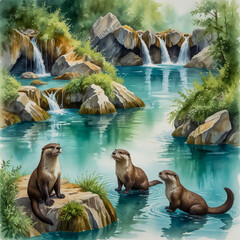 Fototapeta premium watercolor of playful otters swimming in the turquoise waters of Plitvice Lakes