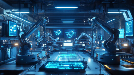 Advanced futuristic data center with glowing blue server racks, high-speed connectivity, and digital security systems in a high-tech environment
