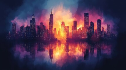 Fototapeta premium Vibrant cityscape skyline reflected in water at sunset.