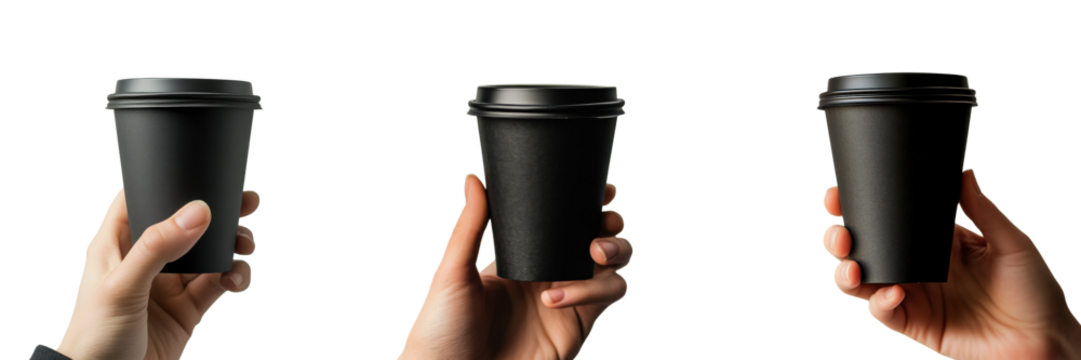 A Set of Elegant Black Paper Coffee Cup Held by a Hand Isolated on Transparent Background