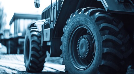 Heavy Machinery Tire on Construction Site in Blue Tone