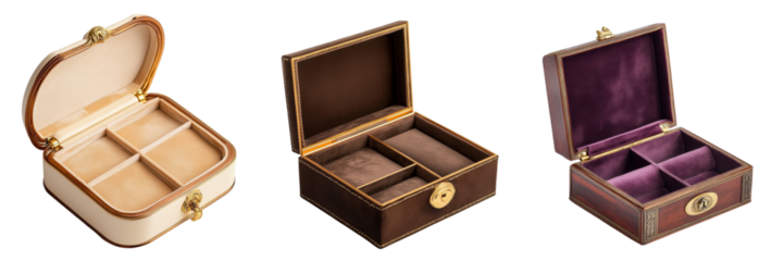A Set of Sophisticated Jewelry Storage Boxes with Velvet Lining Isolated on Transparent Background