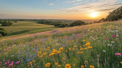 Obraz premium Vibrant wildflowers bloom in a lush meadow at sunset, overlooking a tranquil valley.