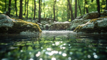 Fototapeta premium Sunlit stream flowing over mossy rocks in a lush green forest.