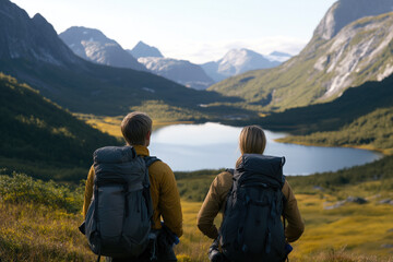 Obraz premium Two hikers with backpacks are enjoying a stunning view of a serene mountain lake nestled amidst picturesque peaks during a hiking adventure in the beautiful landscapes of norway