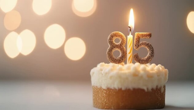 A Beautifully Decorated Birthday Cake with an 85 Candle Surrounded by Soft Bokeh Lights, Perfect for Celebrating an 85th Milestone Birthday in an Elegant Setting