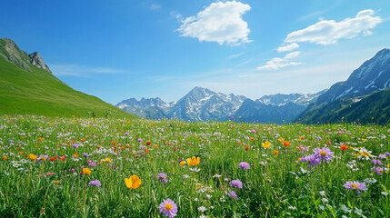 Idyllic wildflower meadow with bright yellow blooms stretching towards a distant mountain range under a clear blue sky