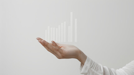 Business growth concept, hand holding a digital bar chart with an upward trend, futuristic holographic interface, clean white background 