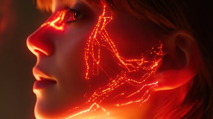 Futuristic Portrait with Bright Neon Lines on Woman's Face