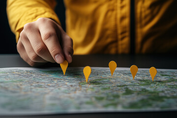 Close-up view of a traveler's hand placing yellow pushpins on a map, marking various locations for an upcoming journey while crafting a personalized itinerary for adventure