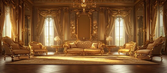 Fototapeta premium Luxurious golden living room with ornate furniture, sunlight streaming through large windows, elegant decor
