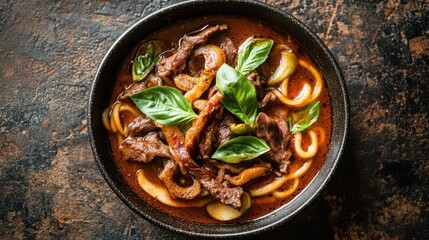 Overhead shot of Thai boat noodles served hot with basil, pork skin, and beef slices in a rich, dark, blood-enhanced soup on a rustic background.