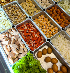 Shabu-shabu or sukiyaki. Beef slice on top of hot pot Fresh beef slices. Top view