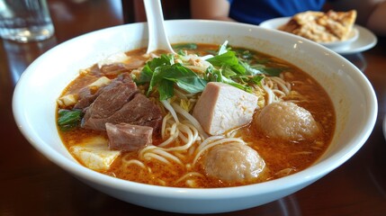 Traditional Thai boat noodles with pork balls, beef slices, and crispy pork skin in a rich broth, garnished with basil and chili flakes.