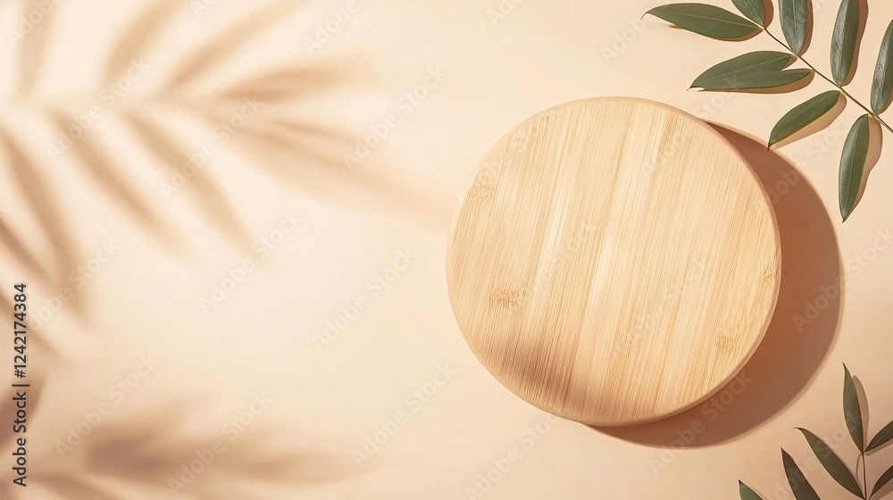 Poster Simple background for branding and product display with empty circular wooden podium creating shadow on beige backdrop and green foliage