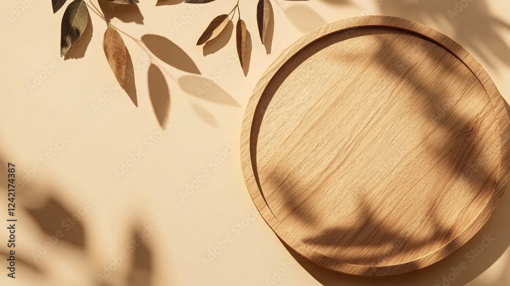 Aufkleber Minimalistic scene with a round wooden tray casting a shadow on a beige background with a leaf