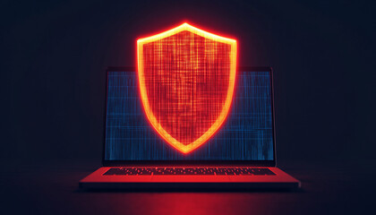 Digital shield icon glowing on a laptop screen representing cybersecurity.
