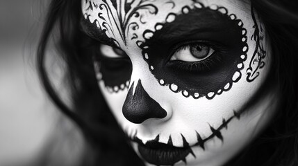 Obraz premium Woman is posing with traditional sugar skull makeup for dia de los muertos