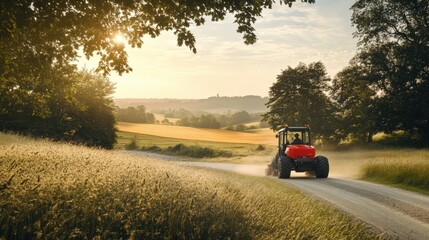 Fototapeta premium Scenic View of a Red Tractor Driving Through Golden Fields at Dusk
