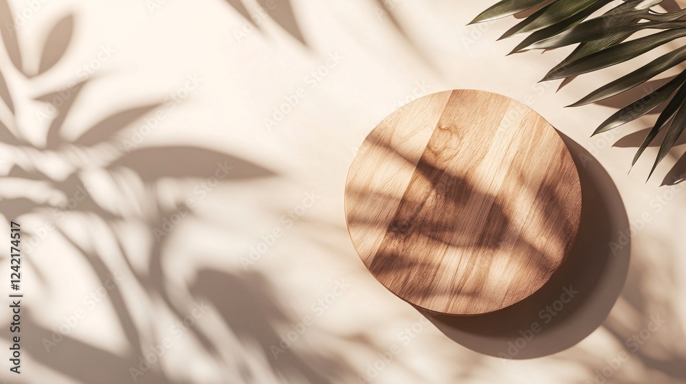 Poster Minimal style product presentation with empty round wooden podium and palm leaf casting shadow on beige background