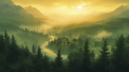 Misty mountain landscape at sunrise, with rolling green hills and golden light casting a dreamy, tranquil ambiance