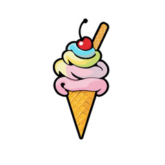 Whimsical Colorful Ice Cream Cone with Cherry on Top, Isolated on Transparent Background, PNG. Food Clipart, Cartoon and Food Icon Clip Art, Illustration
