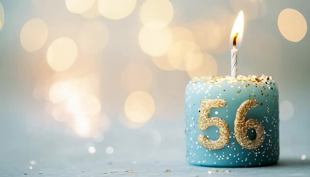 A Vibrant 56th Birthday Candle Celebration: Glimmering Blue Cake Topper with Sparkling Gold Details Against a Soft, Bokeh Background