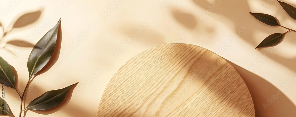 Aufkleber empty round wooden podium casting shadow on beige background with green plant branches for product p