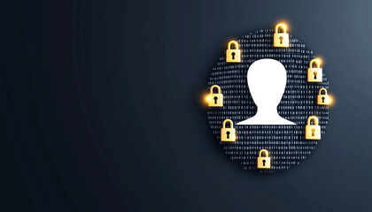 Digital security concept with a silhouette and padlocks on a dark background.