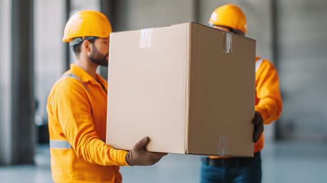 Two workers in safety gear carefully lift a large box, ensuring safety and efficiency in a warehouse environment.