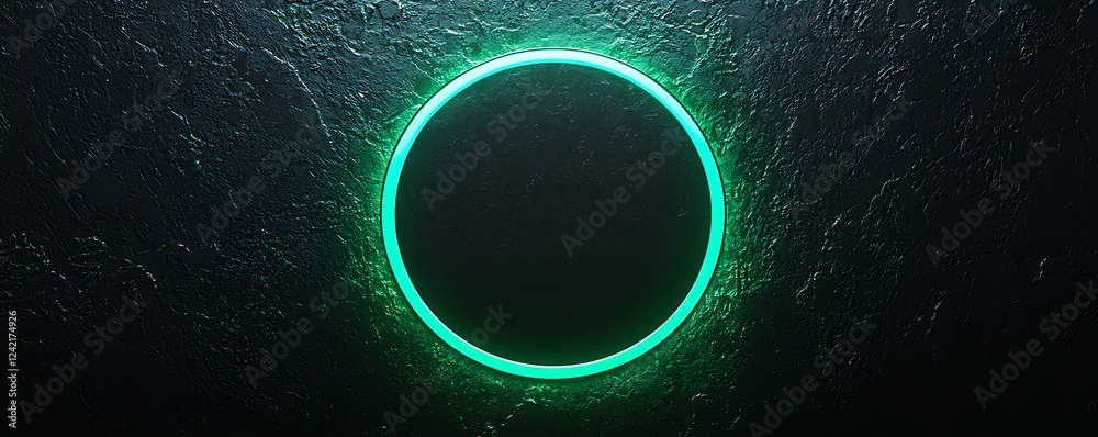 Wall mural a glowing green light ring surrounded by black, creating a striking grainy gradient noise texture ba
