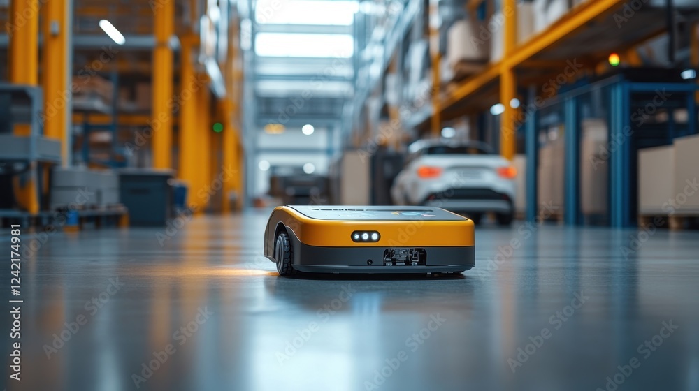 Poster navigating a warehouse floor, an autonomous mobile robot exemplifies the integration of robotics and