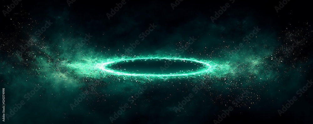 Wall mural a glowing green light ring surrounded by black, creating a striking grainy gradient noise texture ba