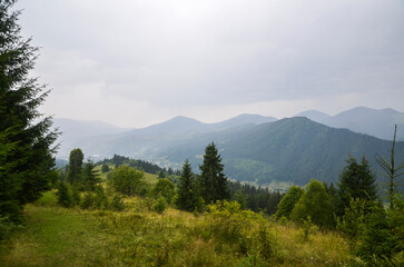 Peaceful view of a green mountainous region with surrounding forests under an overcast sky, perfect...
