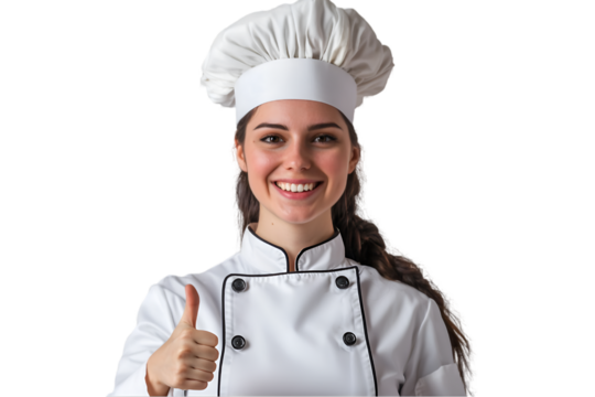 Portrait a smiling female chef showing thumbs up, isolated on transparent background - Powered by Adobe