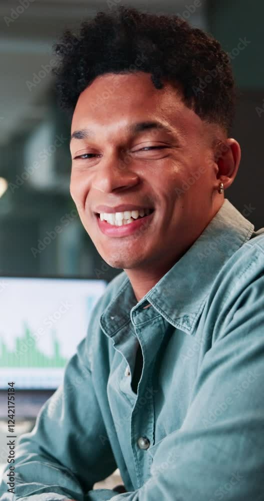 Poster Coding, face and smile with programmer man in office at night for software engineering. Internet, programming and web development with happy developer person in dark workplace for cybersecurity