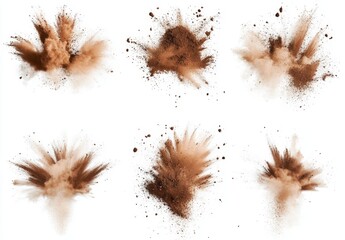 Brown powder explosions on white background; design element