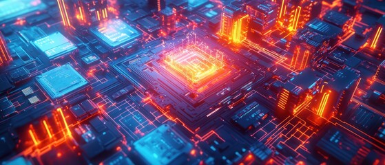 Fototapeta premium Illuminated circuit board with glowing chip showing data flow for tech concepts