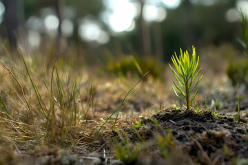 A small green tree is growing in the dirt