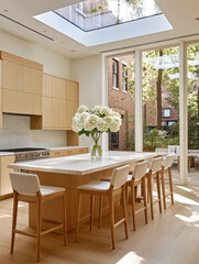 Sunlit kitchen with wooden cabinetry and a large island, adorned with white flowers, surrounded by tall windows and a view of leafy trees.