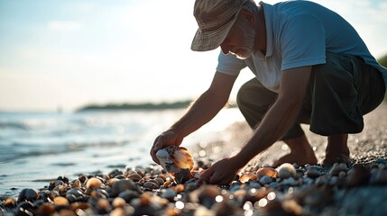 Elderly man collecting seashells on the beach at sunset with soft light
