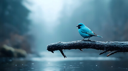 Fototapeta premium Vibrant blue bird perches quietly on a frost-covered branch above a calm river in a misty winter forest during a cold morning.