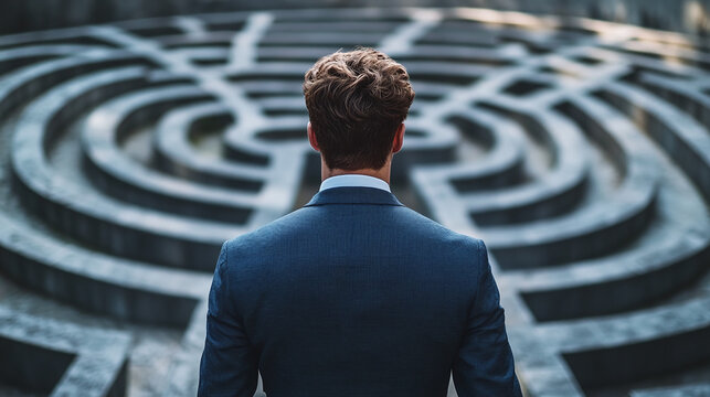 Closeup rearview of a young businessman wearing an elegant suit, standing in front of the labyrinth or maze. strategy and plan for a company problem solution and future success, exit puzzle strategy.