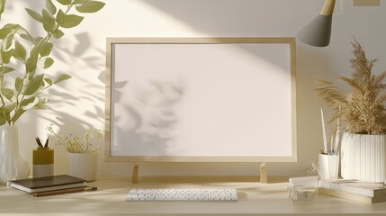 Sunlight Illuminates Minimalist Workspace with Blank Screen Mockup.