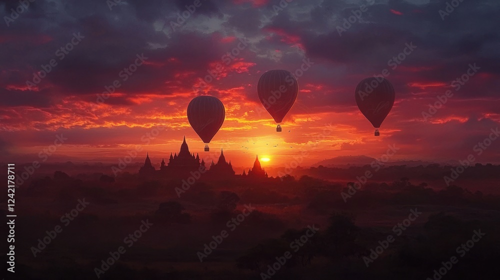 Canvas Prints Three hot air balloons fly over ancient temples at sunrise.