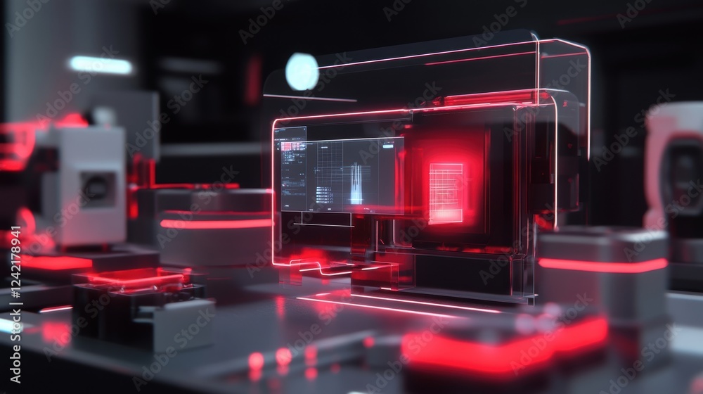 Poster complex quantum computer performing calculations and displaying data on a transparent screen, illumi