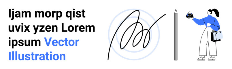 Abstract digital signature, pen, text sample, and woman holding small object. Ideal for contract signing, digital tools, technology, e-signature, online agreements professionalism flat landing page