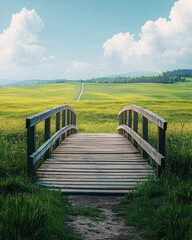 Fototapeta premium A wooden bridge leading into vast green field symbolizes journey towards success