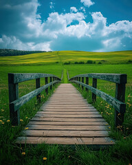 Fototapeta premium A wooden bridge leading into vast green field under blue sky